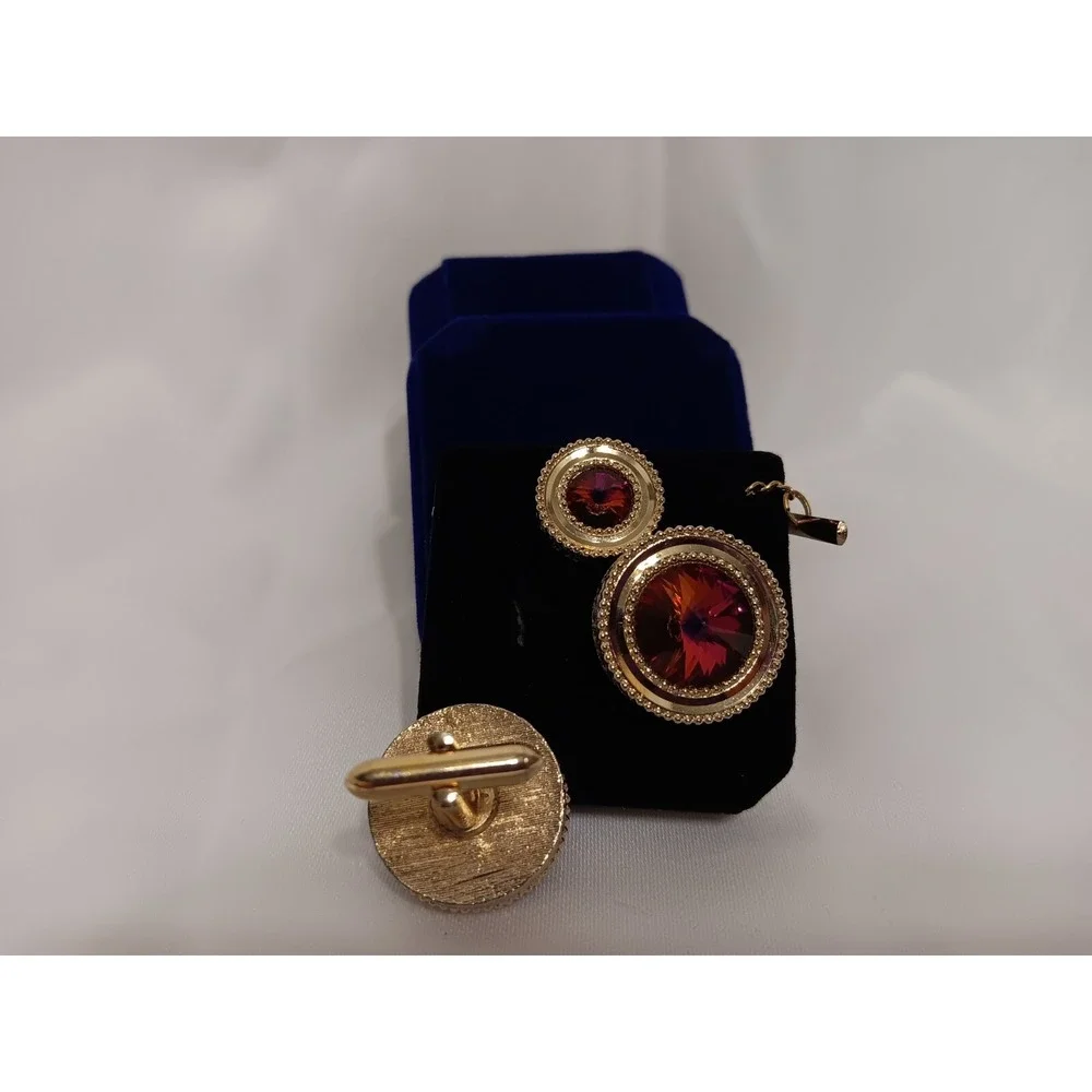 Vintage Aurora Borealis Rhinestone‎ Cufflinks Tie Tack Set Gold Tone Jewelry